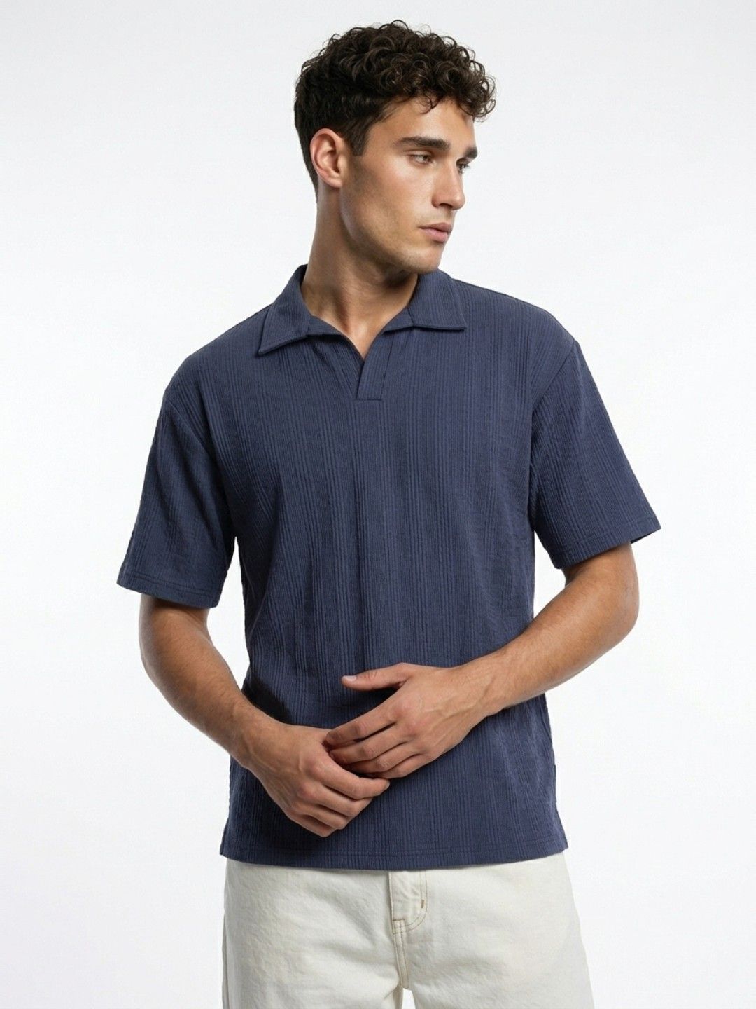 glitchez Textured Polo Collar Drop-Shoulder Sleeves Relaxed Fit T-shirt