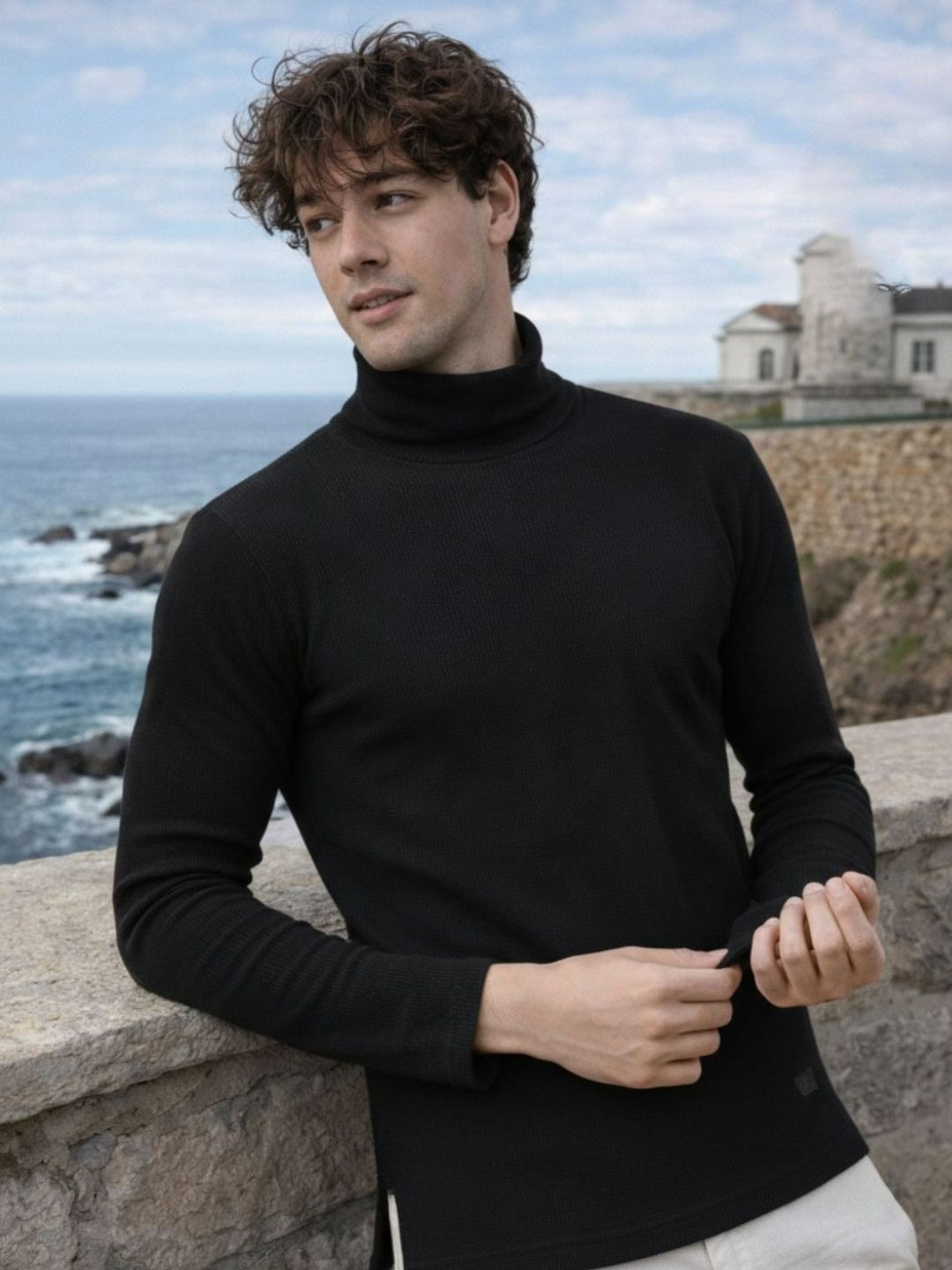 Rigo Men Solid Turtle Neck Regular Fit Black Tshirts