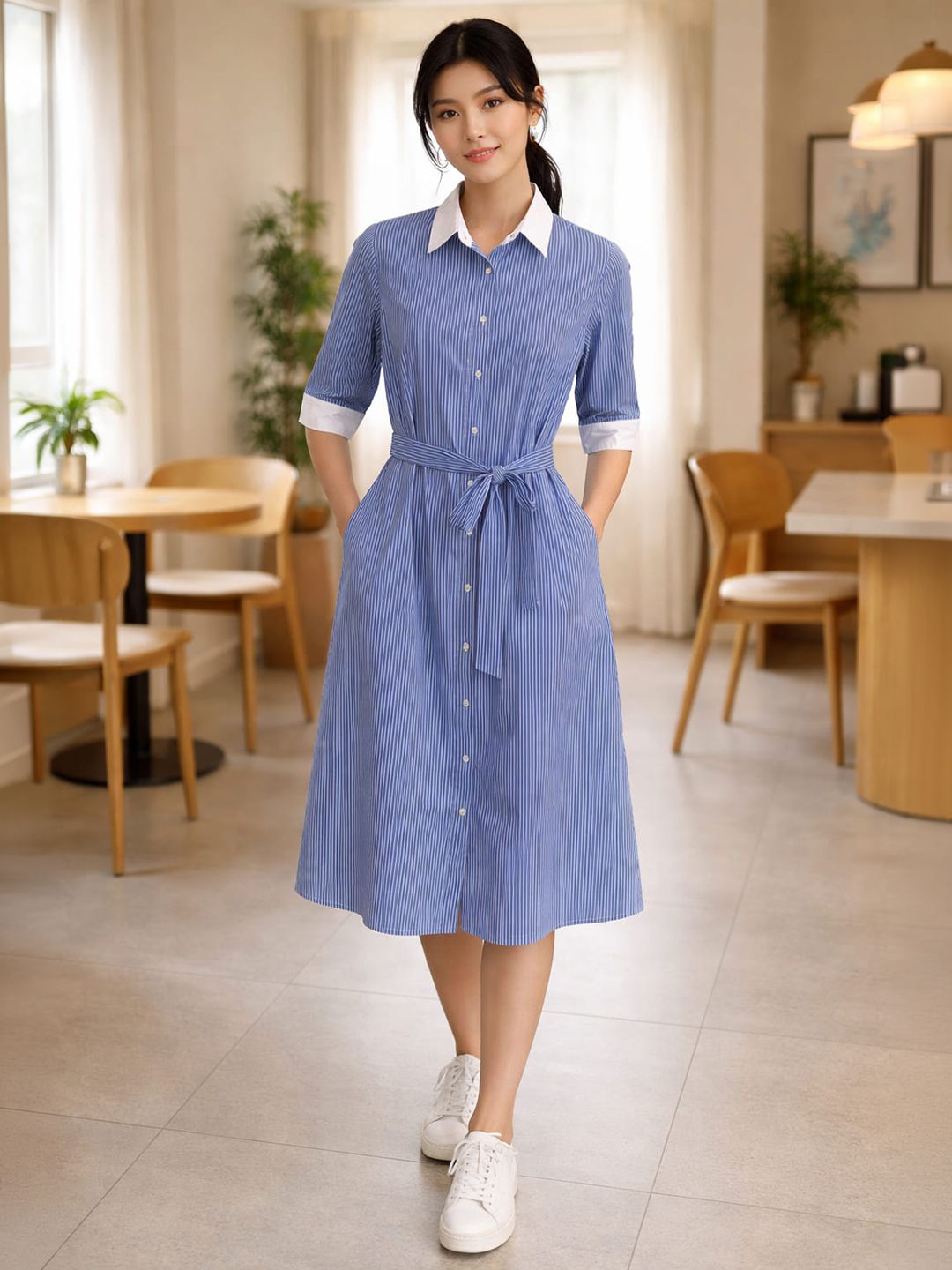 princess polly baby blue dress Lori Three-Quarter Sleeve Notch Neck Short Dress by Cream main image 1