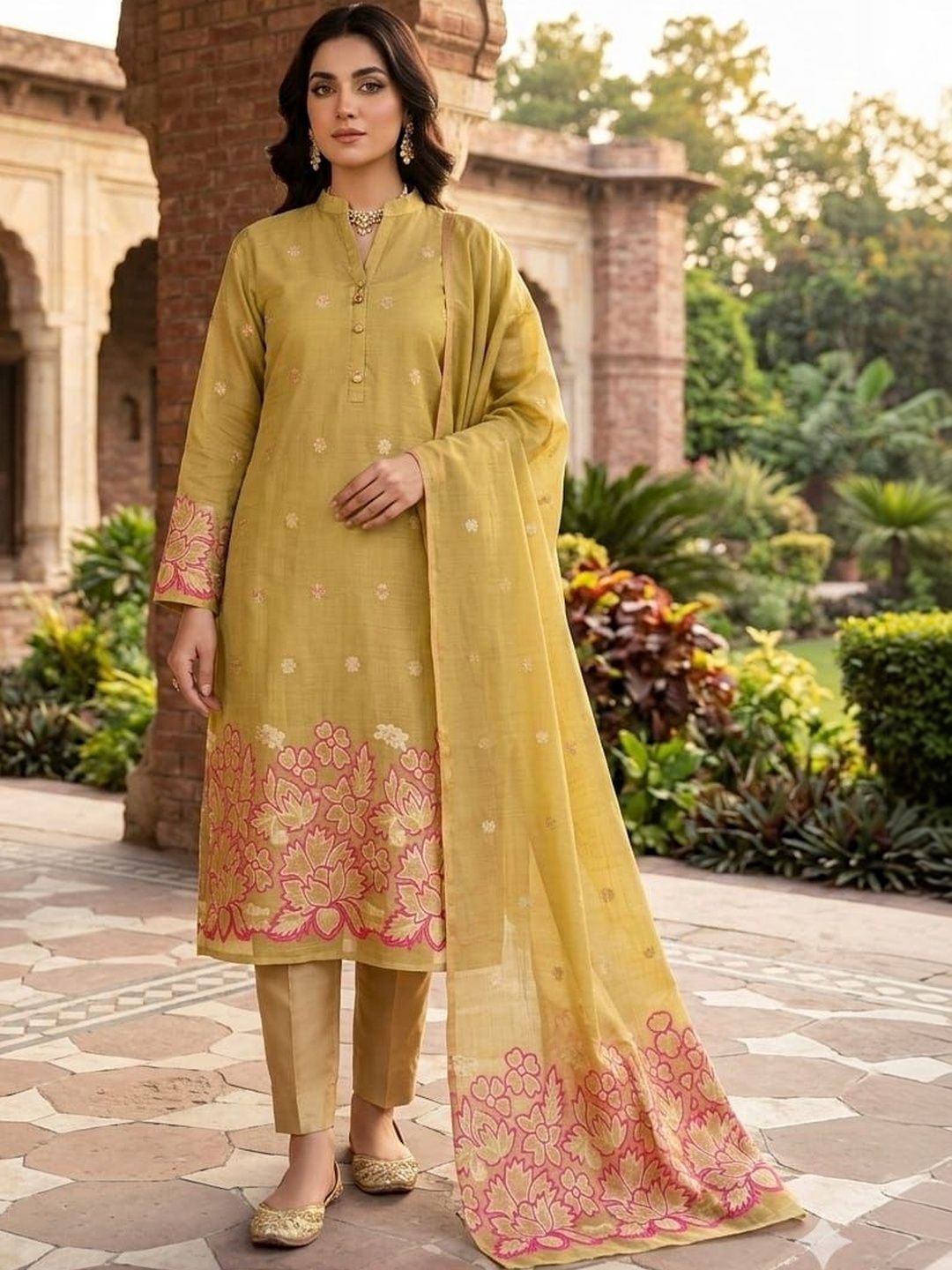 green emerald velvet dress Banarasi Zari Brocade Fabric (Zari Stripe ) Golden Unstitched Dress Ma –  Mohsin Textiles main image 0
