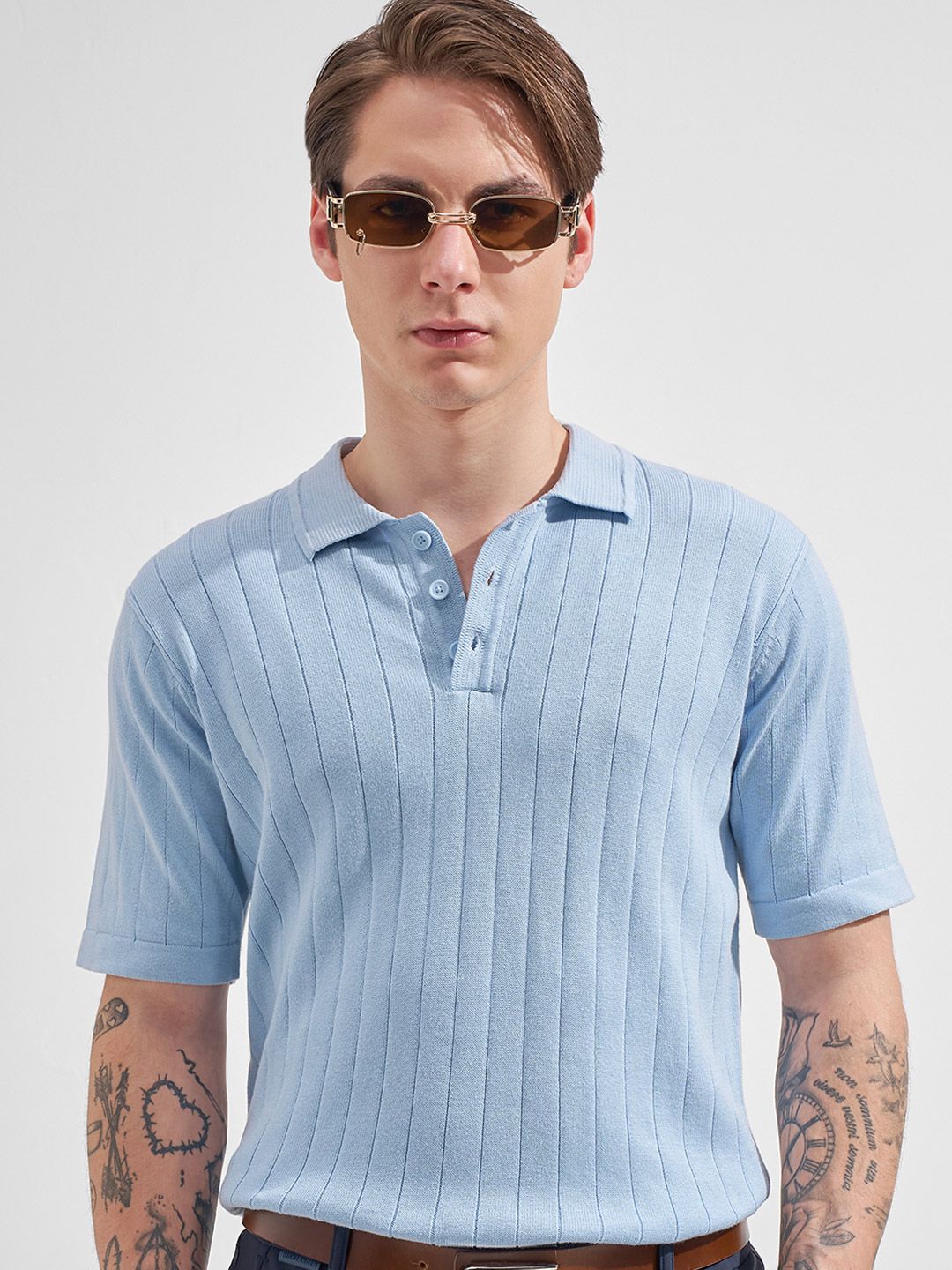 Men Polo Collar T-shirt HIGHLANDER Men Relaxed Fit Blue Round Neck Half Sleeve Drop Shoulder Self Design Tshirts