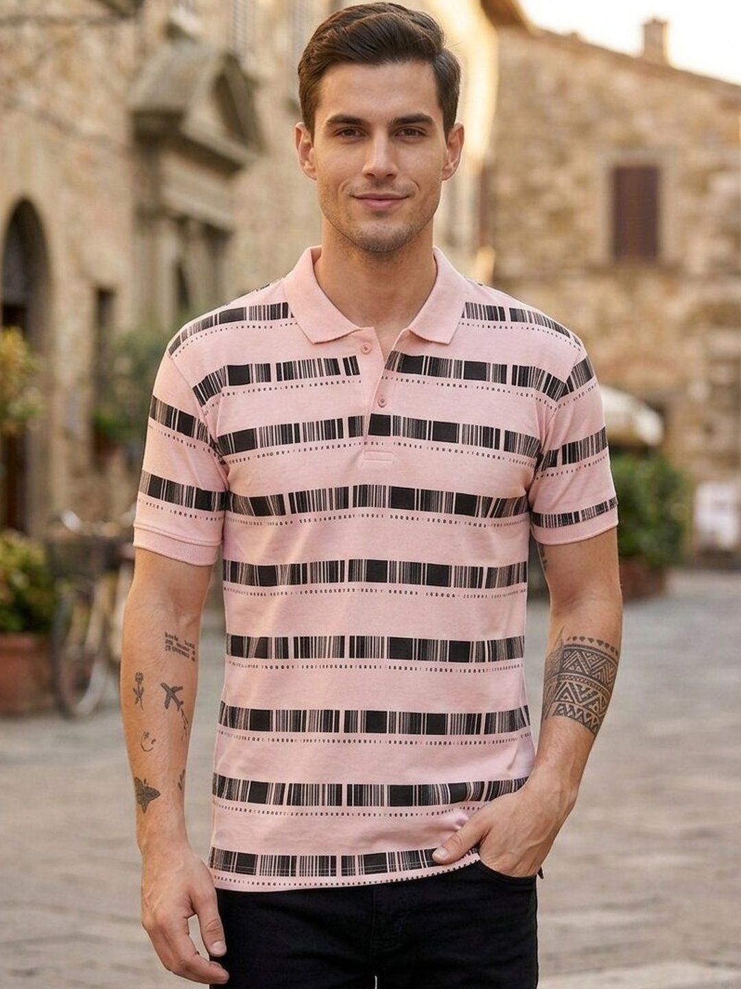 PYRO SPIRIT Men Striped Polo Collar T-shirt
