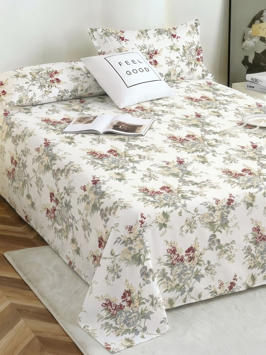 190 TC Cotton Double Bedsheet Story@home Off White & Grey Floral 186 TC Bedsheet with 2 Pillow Covers