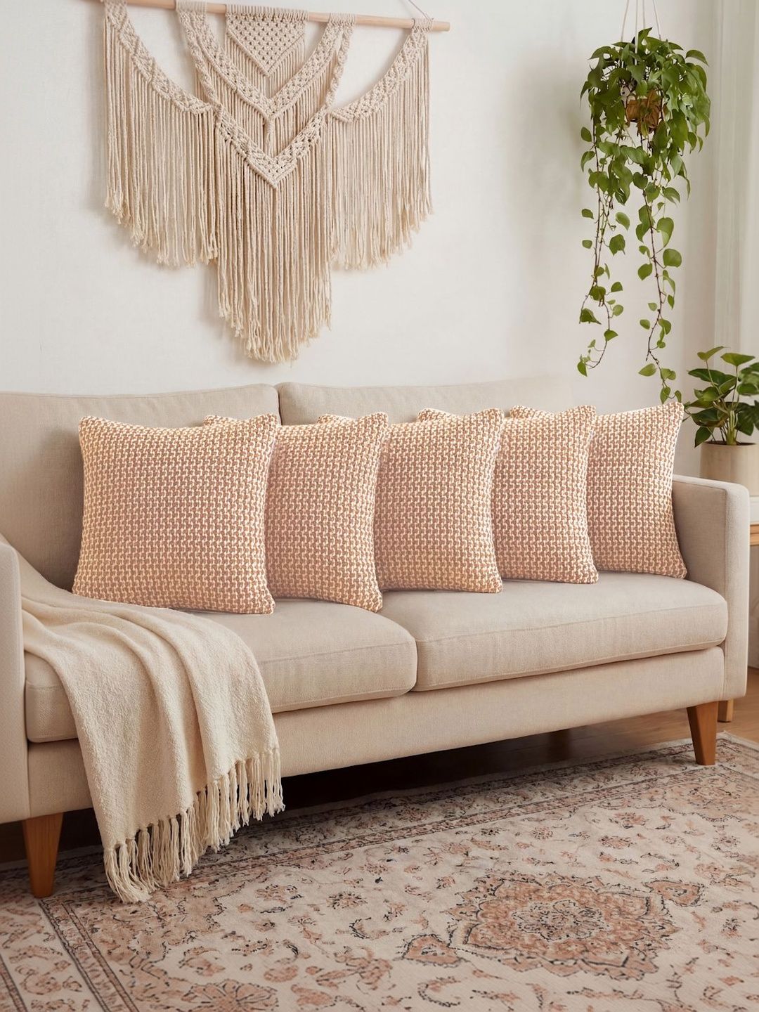 KLOTTHE 5 Pieces Peach Woven Design Pure Cotton Washable Square Cushion Covers