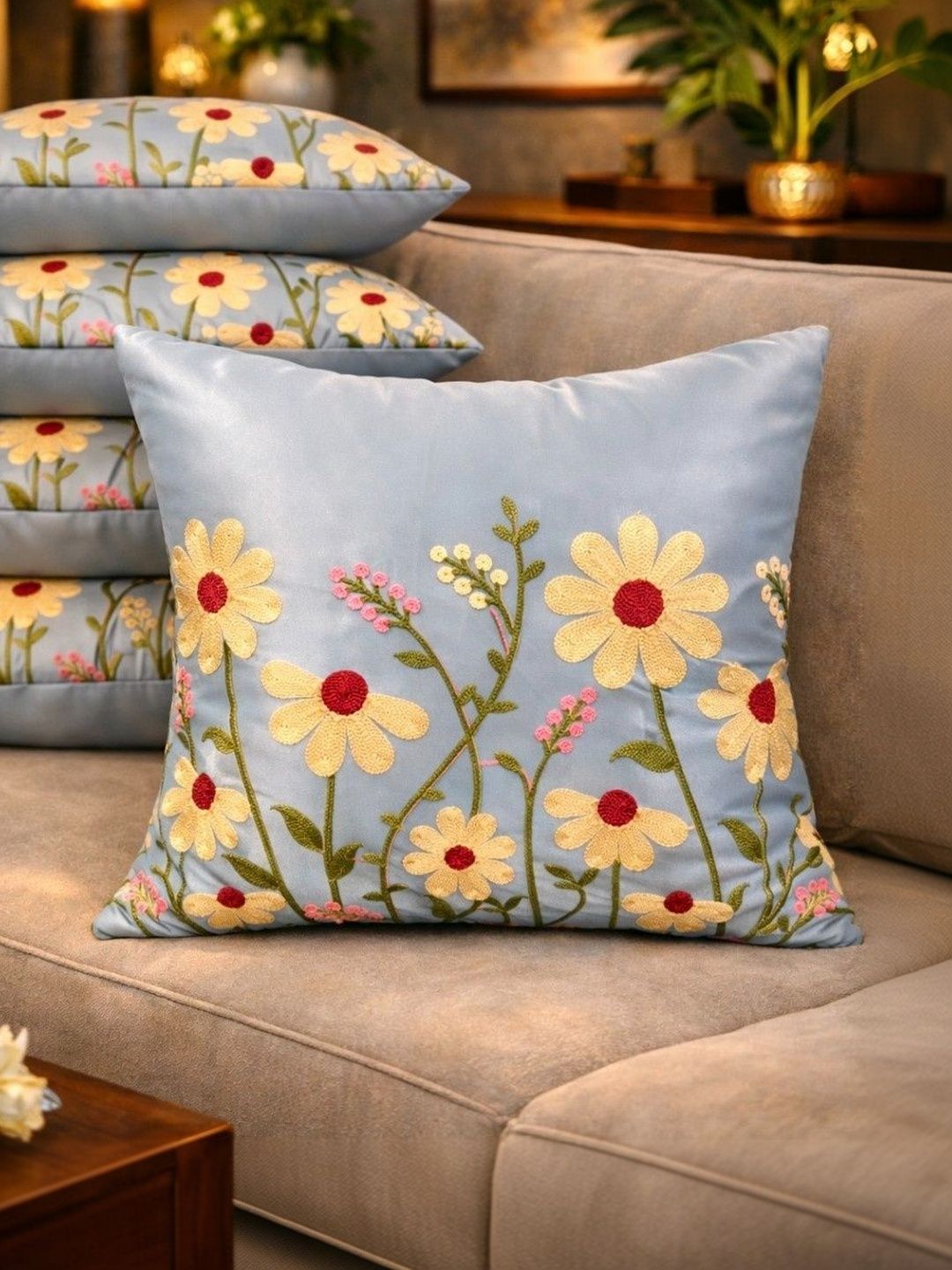 LOFEY LOFEY Silver-Toned Set of 5 Embroidered Satin Square Cushion Covers