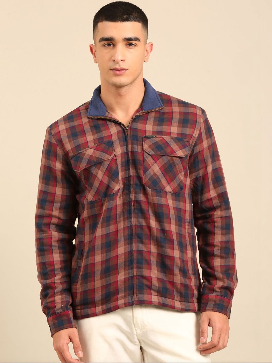 CAVALLO by Linen Club Men Checked Open Front Cotton Linen Jacket