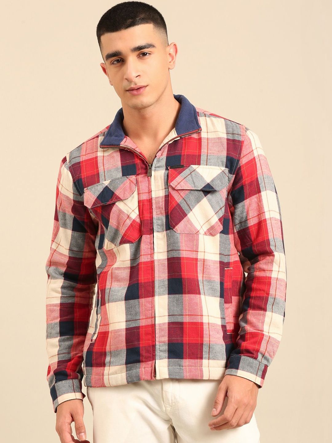 CAVALLO by Linen Club Men Checked Open Front Cotton Linen Jacket