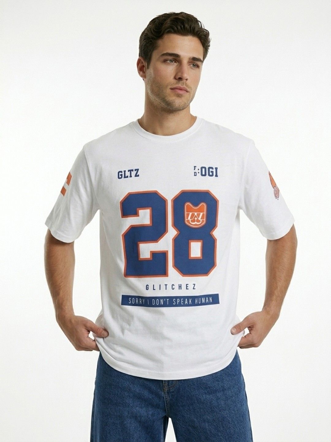 glitchez Varsity Printed Drop-Shoulder Sleeves Oversized T-shirt