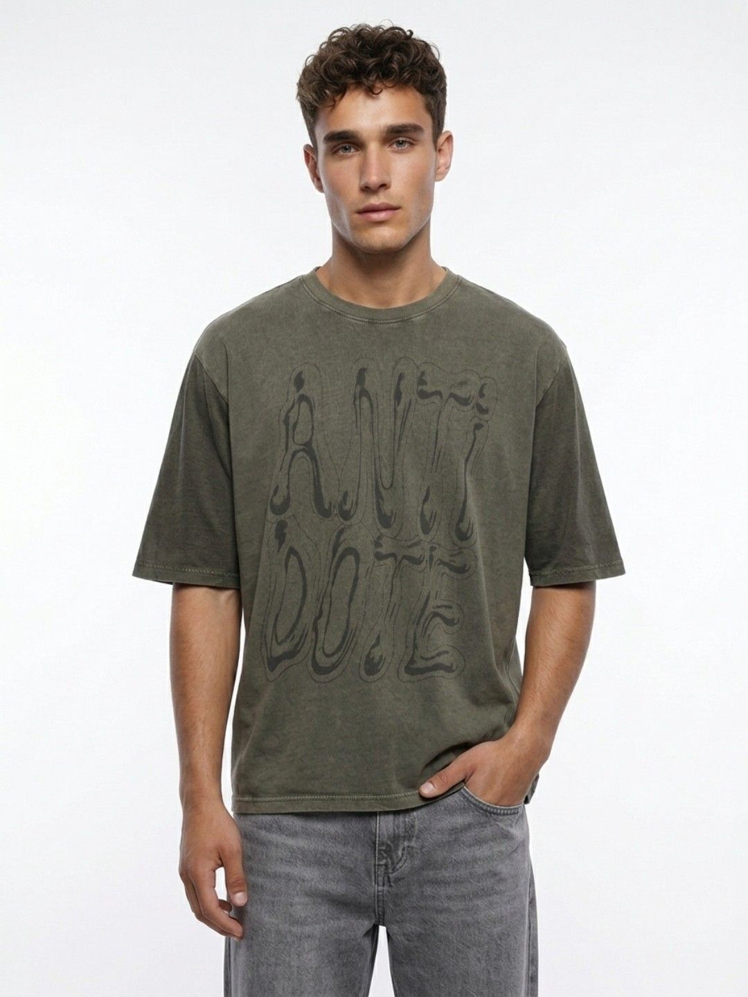 glitchez Typography Overdyed Drop-Shoulder Sleeves Oversized Pure Cotton T-shirt
