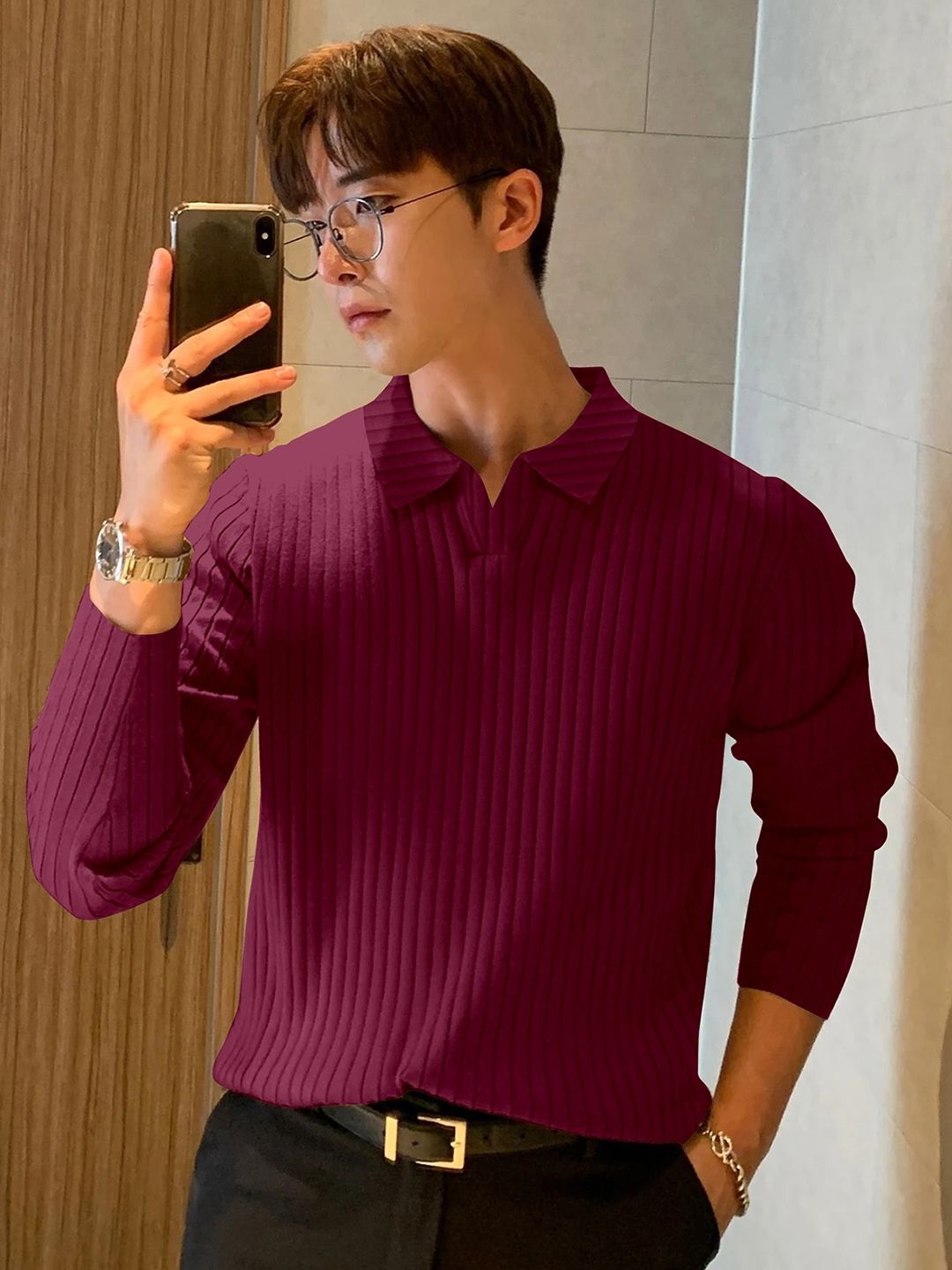 MODALEN Men Textured Polo V Neck Collar Tshirts
