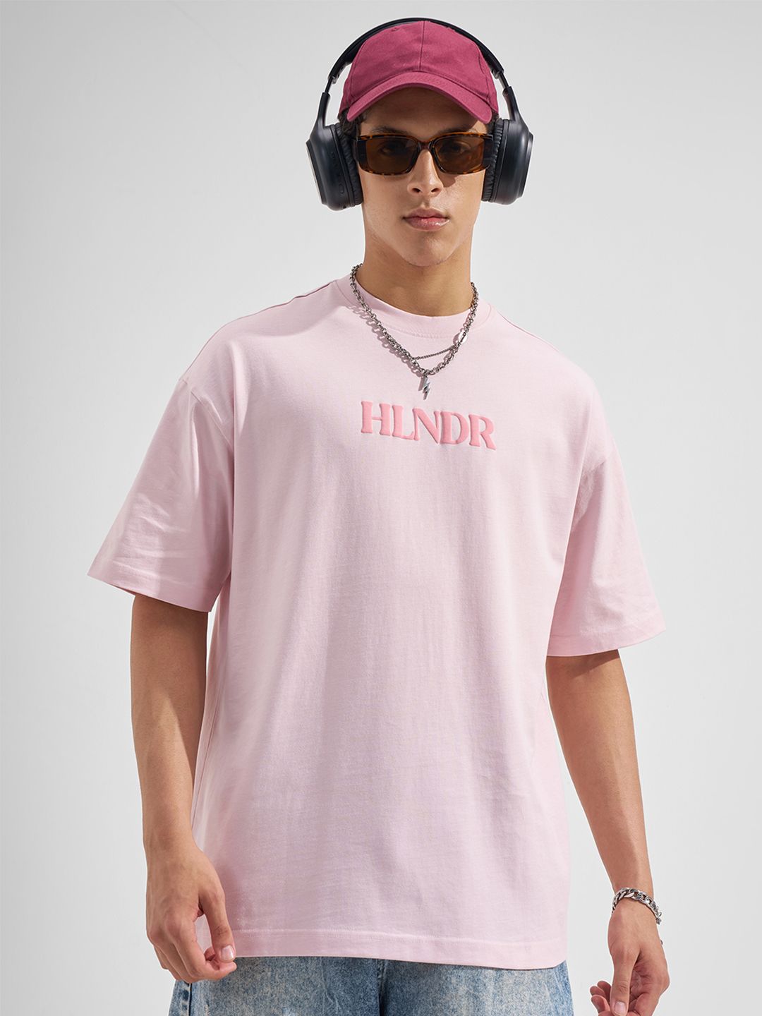HIGHLANDER Men Oversized Pink Round Neck Half Sleeve Drop Shoulder Graphic Tshirts