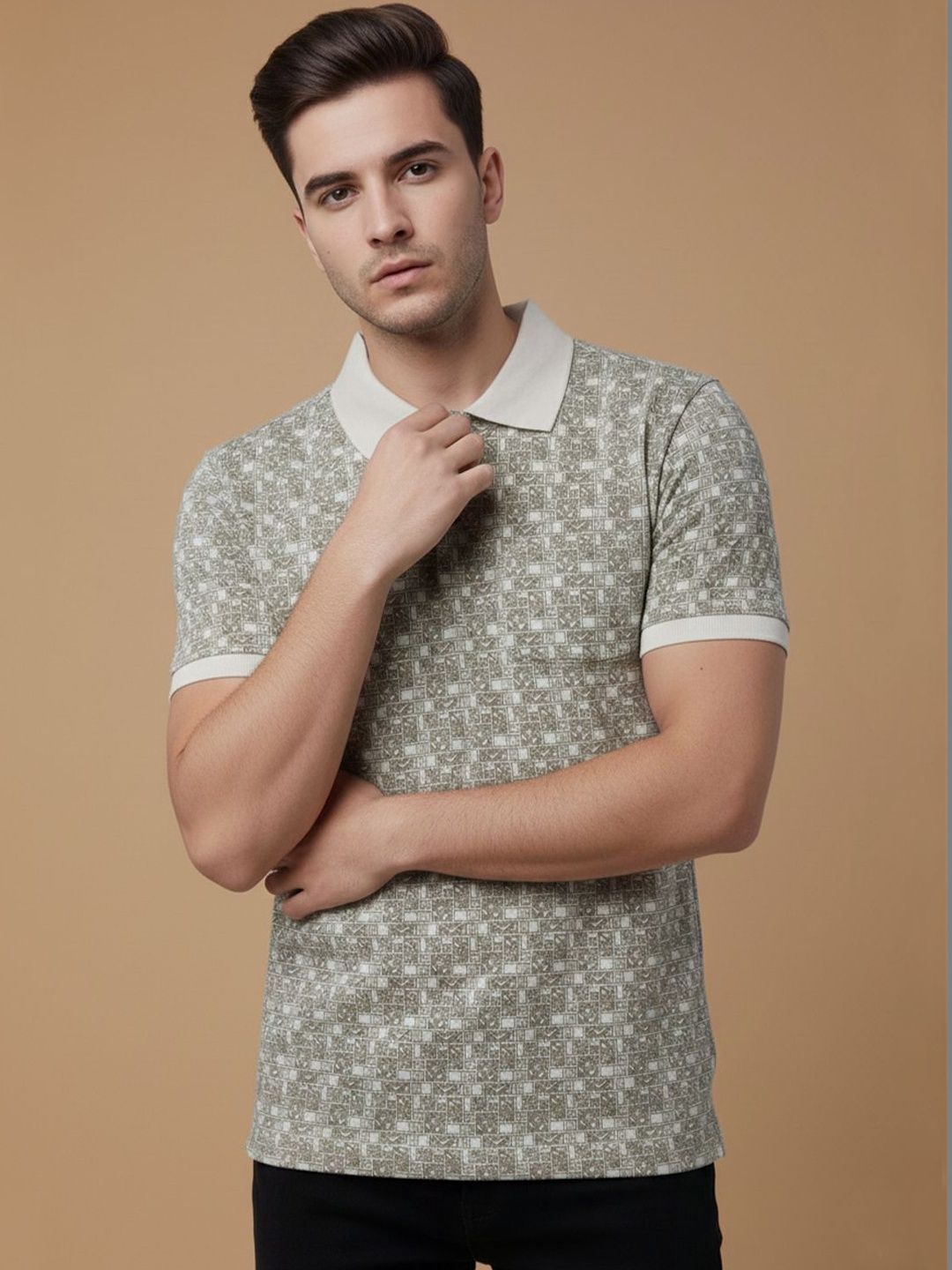 R.Code by The Roadster Life Co. Men Printed Polo Collar T-shirt