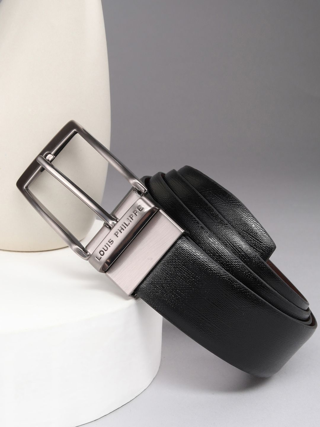 Louis Philippe Men Italian Leather Brush Gun Metal Buckle Formal Reversible Belt