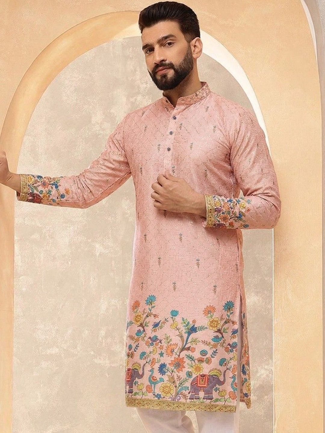 VELKYNOX Men Ethnic Motifs Printed Sequinned Floral Kurta