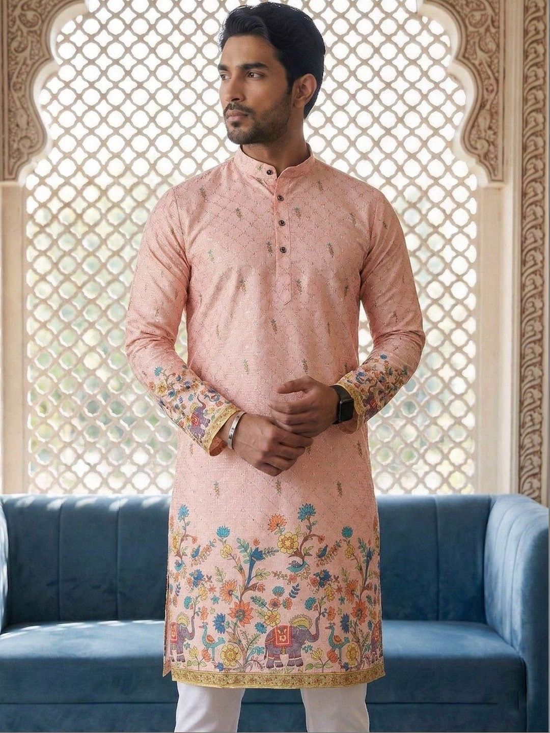 Dincharya Men Ethnic Motifs Printed Sequinned Floral Kurta