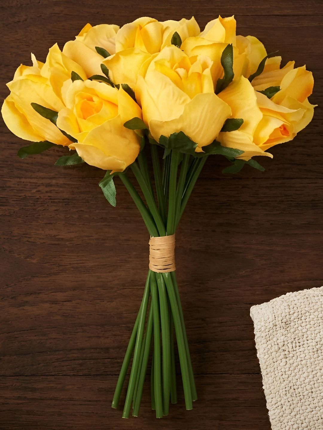 TIED RIBBONS Set Of 12 Yellow & Green Artificial Rose Flowers