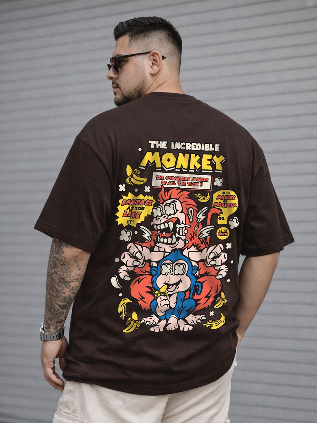 VEIRDO Men Brown Typography Printed Drop-Shoulder Sleeves Oversized Plus Size T-shirt