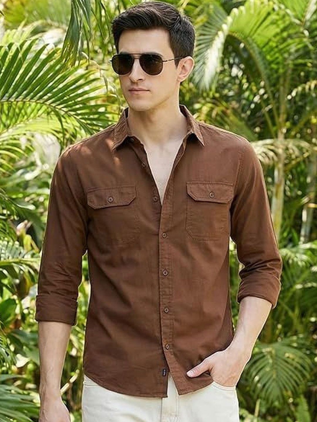 INDOPRIMO Mens Slim Fit Casual Double Flap Pockets Shirts