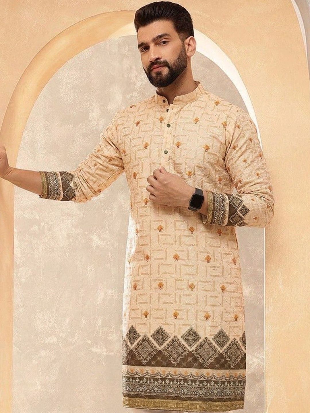 VELKYNOX Men Ethnic Motifs Printed Sequinned Floral Kurta