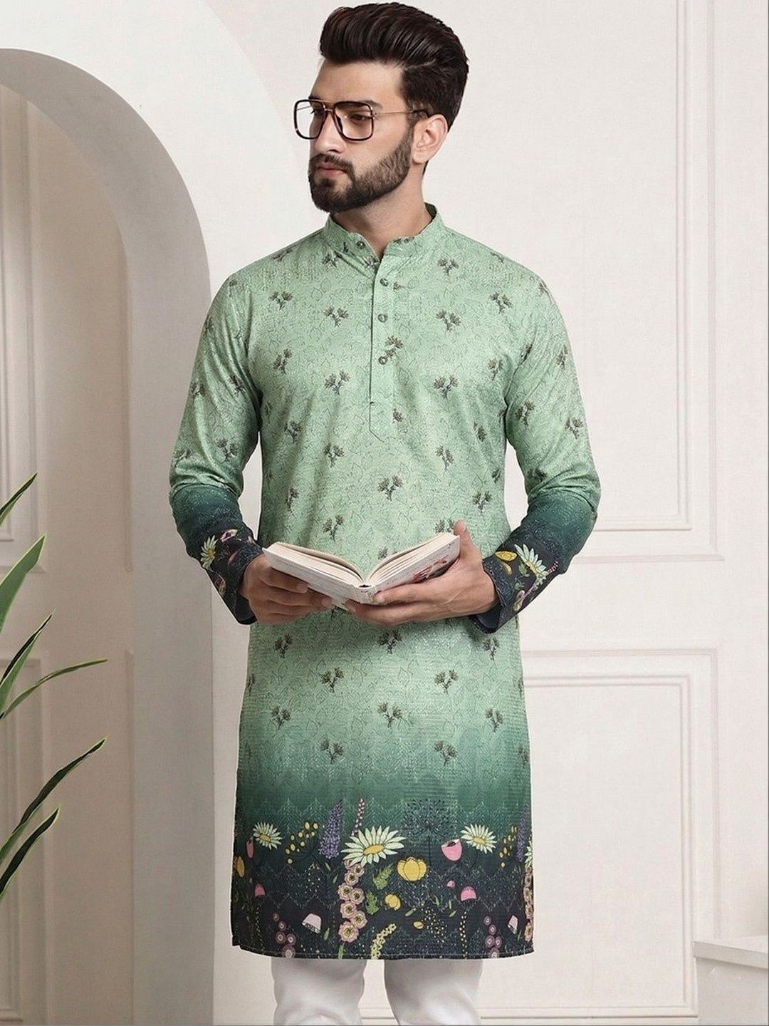 Dincharya Men Ethnic Motifs Printed Sequinned Floral Kurta