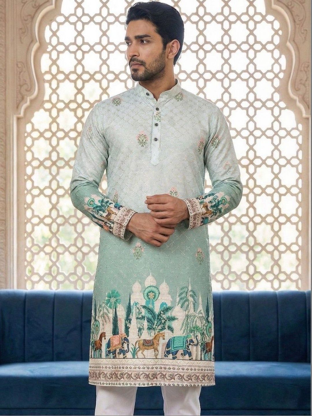 Dincharya Men Ethnic Motifs Printed Sequinned Floral Kurta