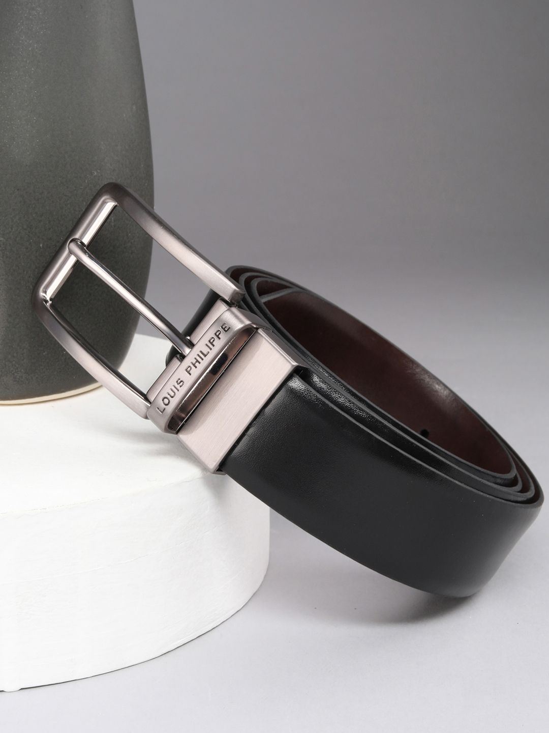 Louis Philippe Men Italian Leather Brush Gun Metal Buckle Formal Reversible Belt