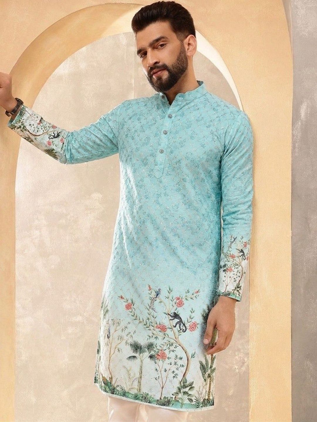 VELKYNOX Men Ethnic Motifs Printed Sequinned Floral Kurta