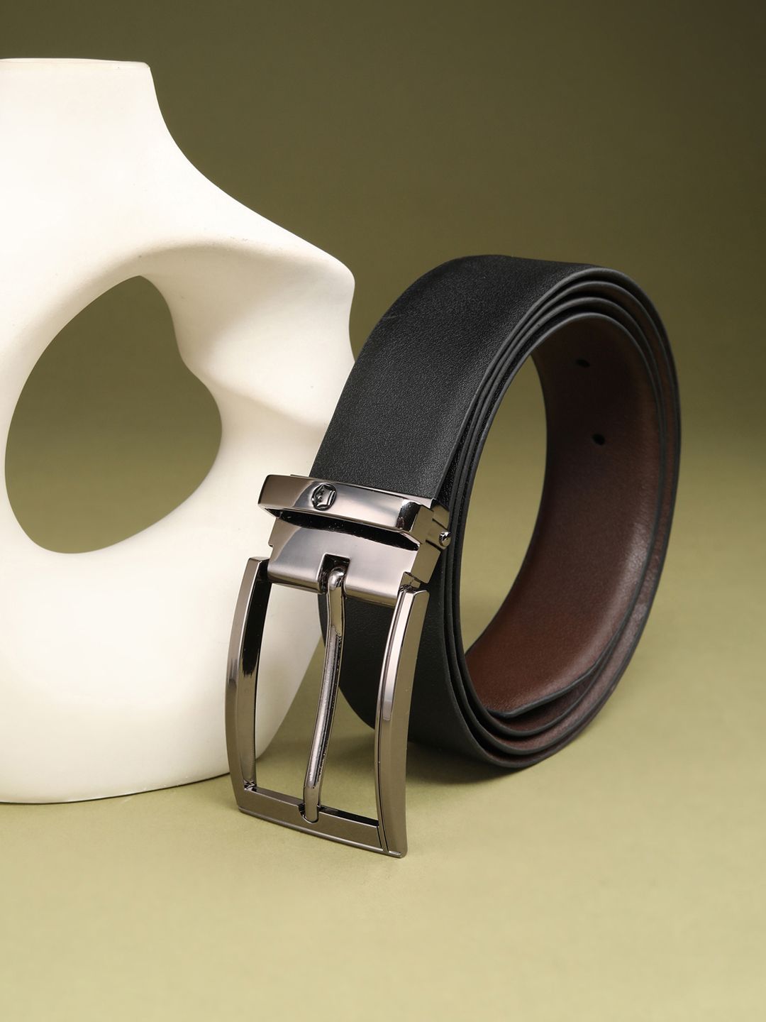 Louis Philippe Men Italian Leather Matt Gun Metal Buckle Formal Reversible Belt