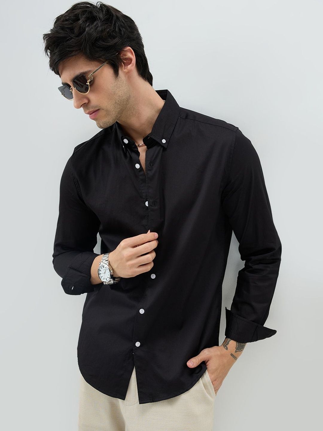 VASTRADO Jet Black Satin Button-Down Collar Luxe Shirt