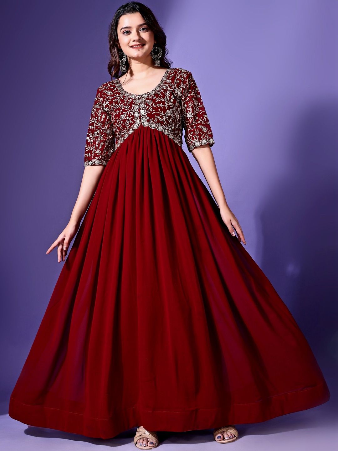 HERE&NOW Embroidered Round Neck Fit and Flare Ethnic Dress