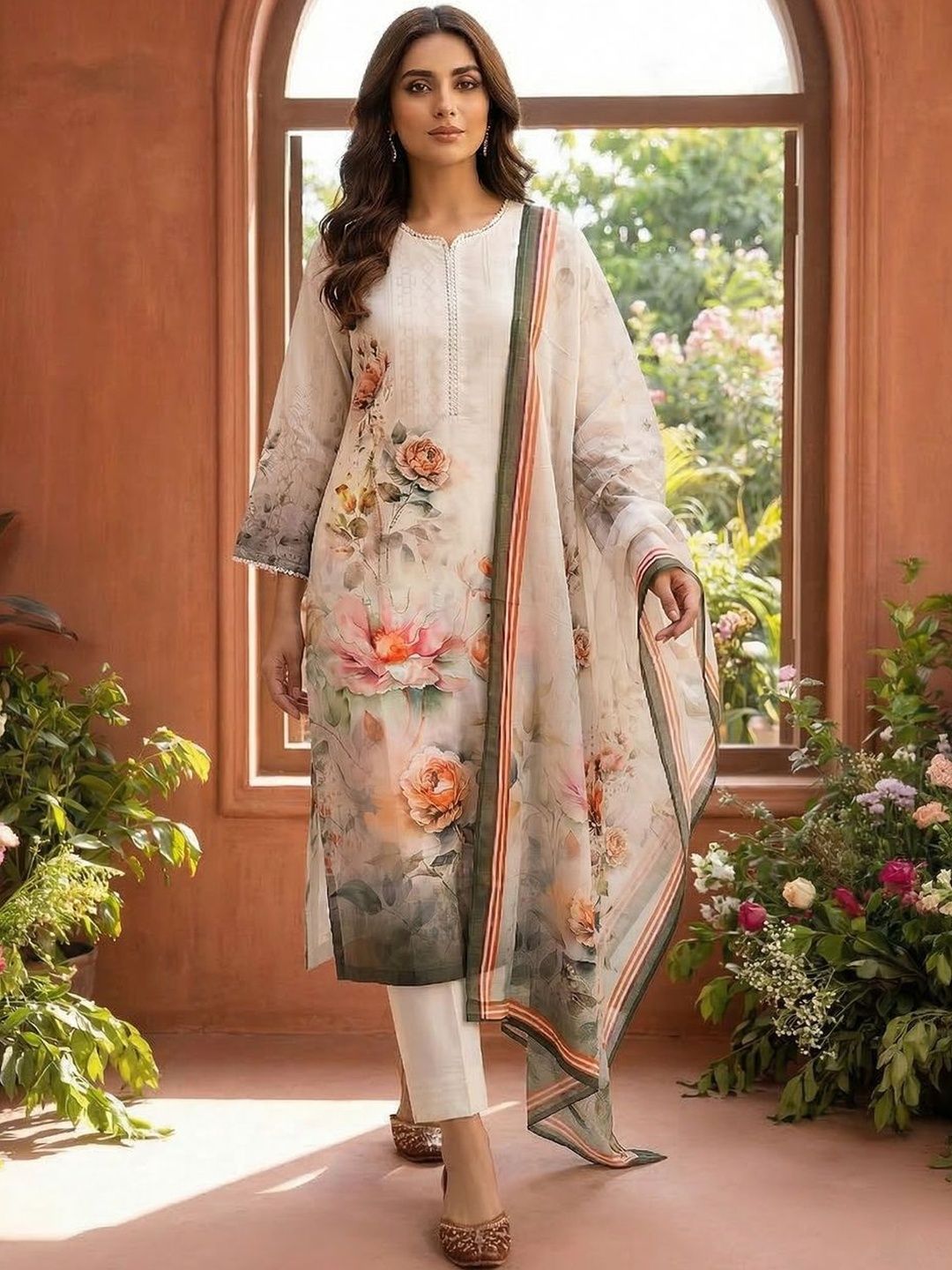 Women Printed Kurta with Trousers With Dupatta Inddus Women Floral Printed Regular Pure Silk Kurta with Trousers & With Dupatta