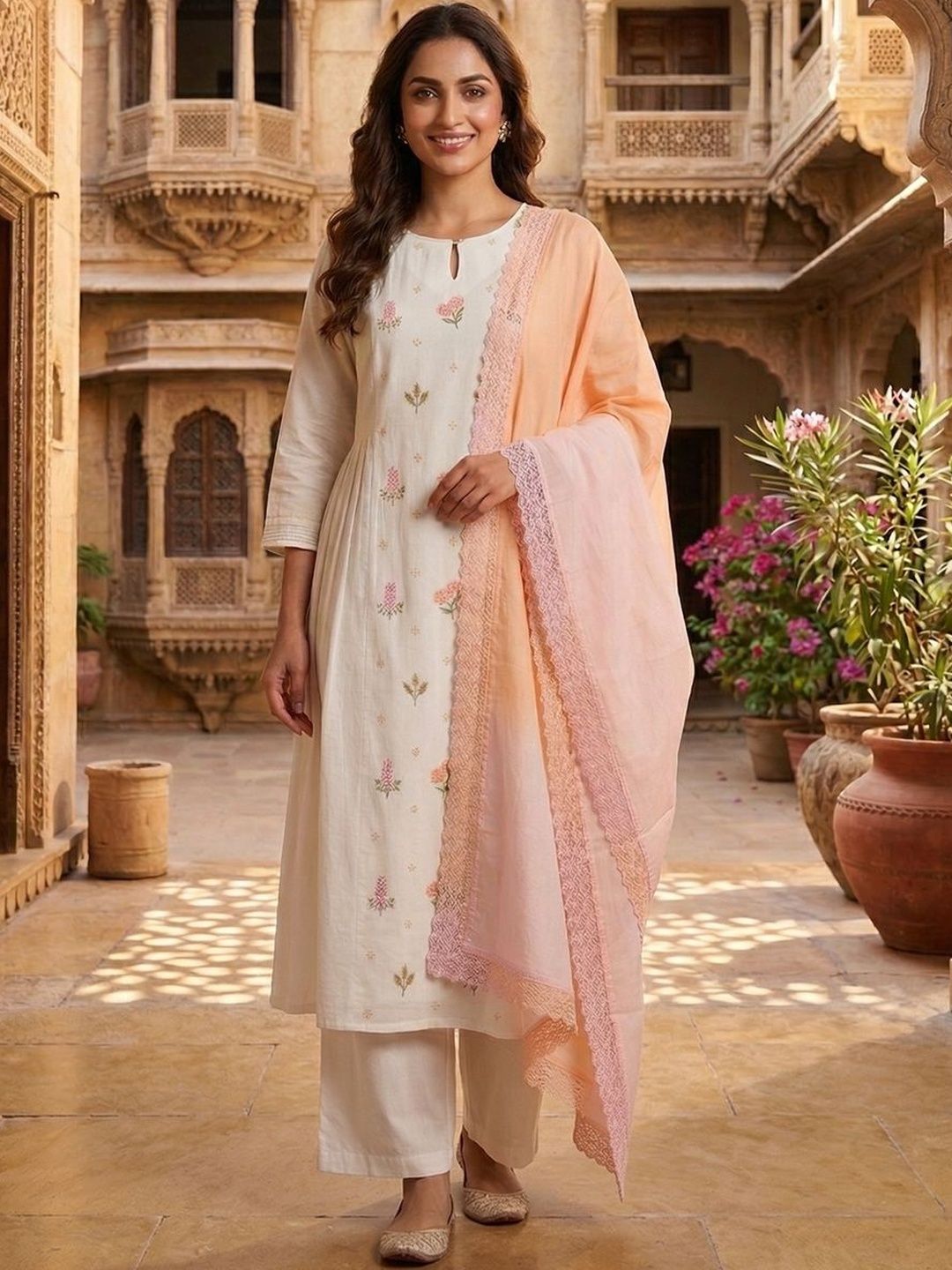 Women Embroidered Kurta with Palazzos With Dupatta Inddus Women Floral Embroidered Pleated Thread Work Chanderi Cotton Kurta with Palazzos & With Dupatta