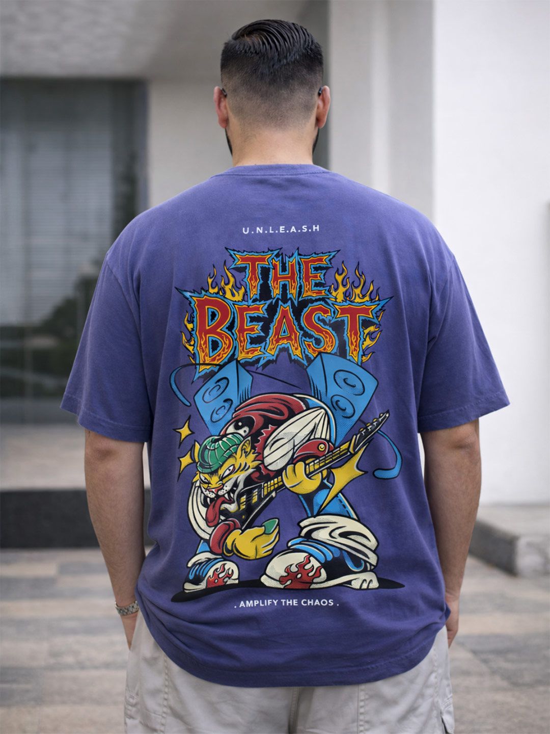VEIRDO Men Blue Typography Printed Drop-Shoulder Sleeves Oversized Plus Size T-shirt