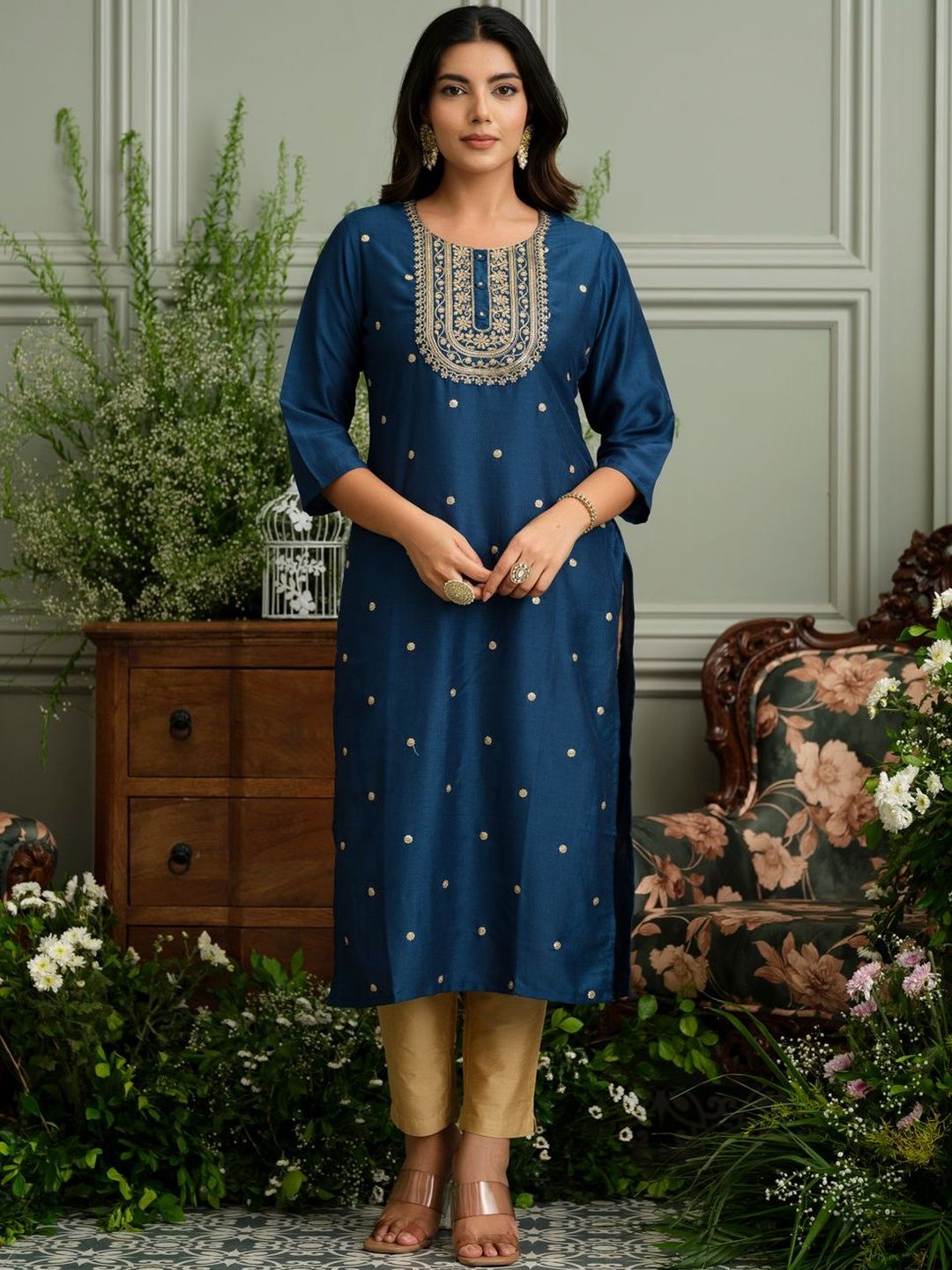 D W Apparels D W Apparels Women Floral Embroidered Raw Silk Kurta