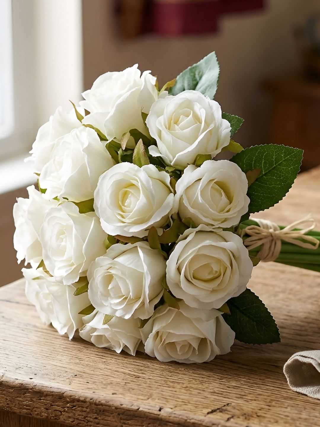 TIED RIBBONS Set Of 12 White & Green Artificial Rose Flowers