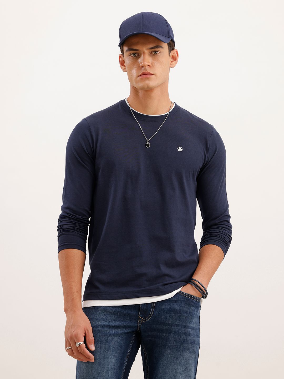 WROGN WROGN Men Navy Blue Slim Fit Cotton  Cotton T-shirt