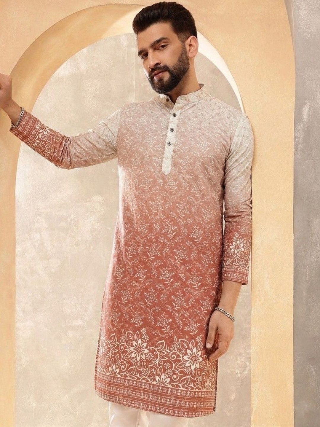 VELKYNOX Men Ethnic Motifs Printed Sequinned Floral Kurta