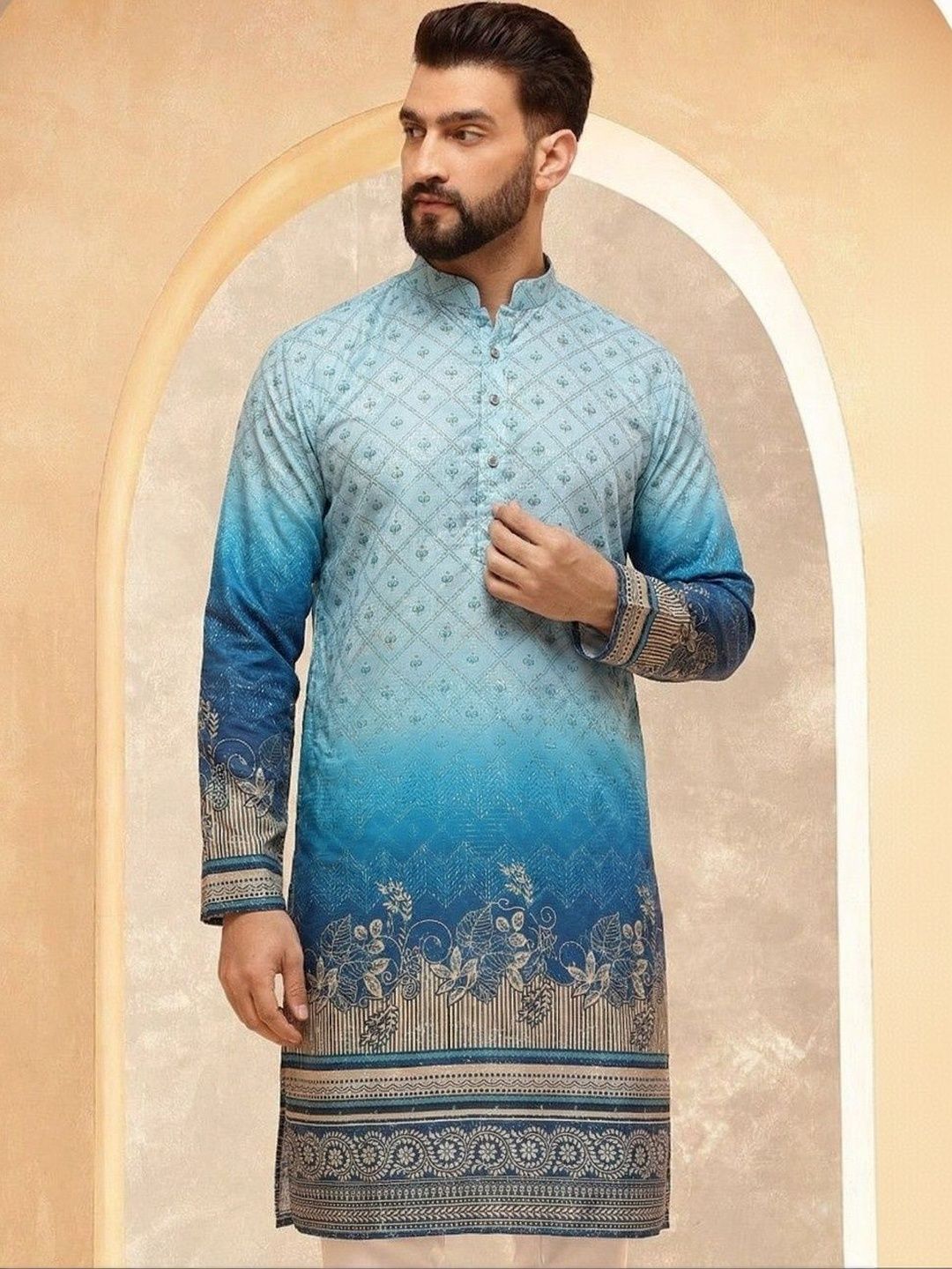 VELKYNOX Men Ethnic Motifs Printed Sequinned Floral Kurta