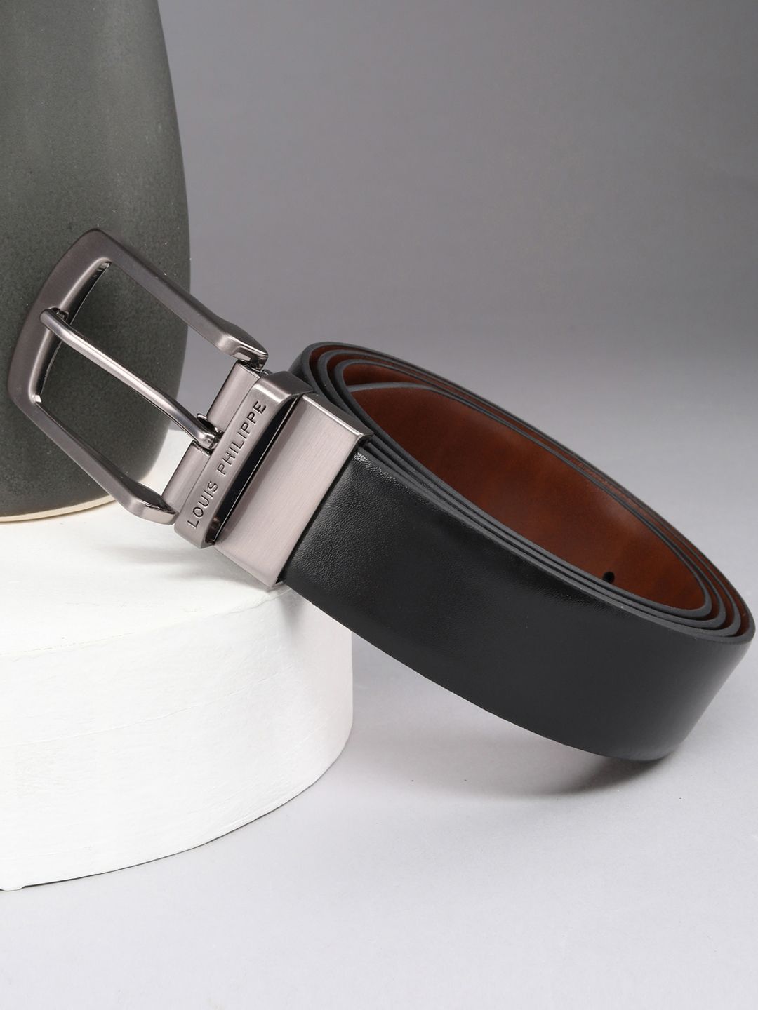Louis Philippe Men Italian Leather Shiny Nickel Buckle Formal Reversible Belt