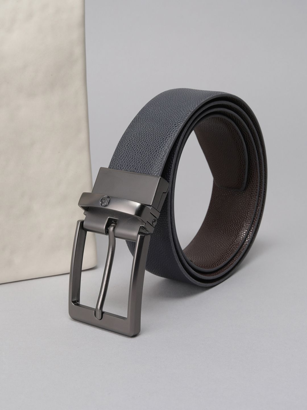 Louis Philippe Men Italian Leather Matt Gun Metal Buckle Formal Reversible Belt