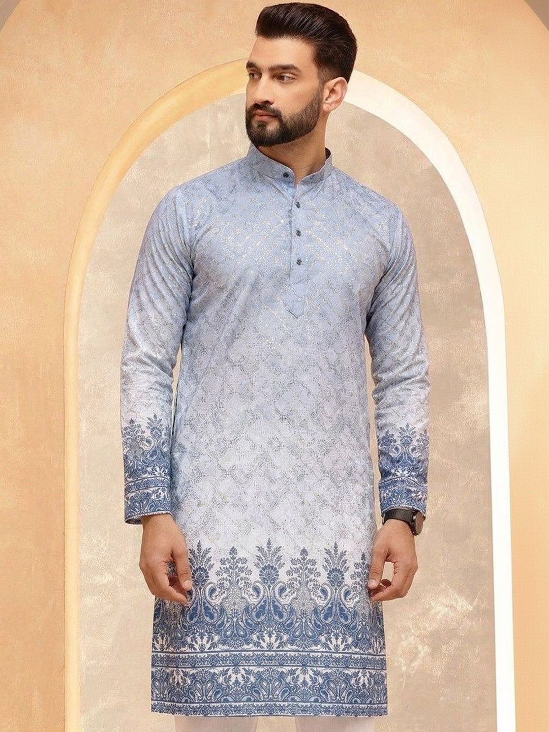 VELKYNOX Men Ethnic Motifs Printed Sequinned Floral Kurta