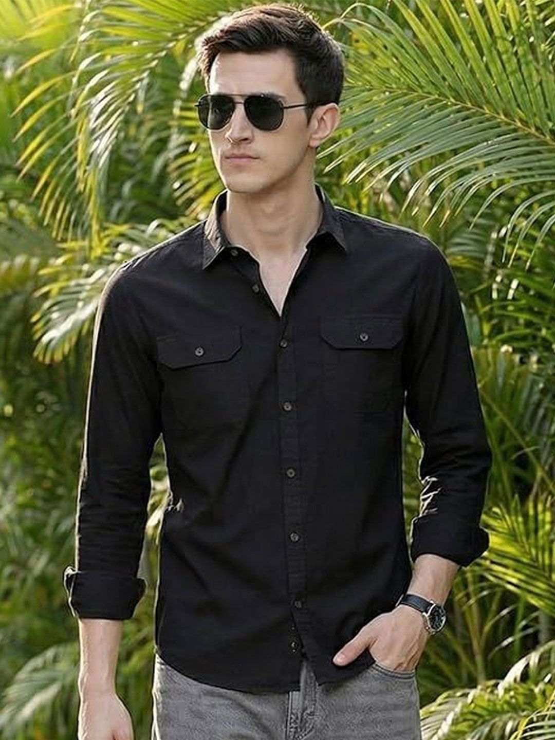 INDOPRIMO Mens Slim Fit Casual Double Flap Pockets Shirts