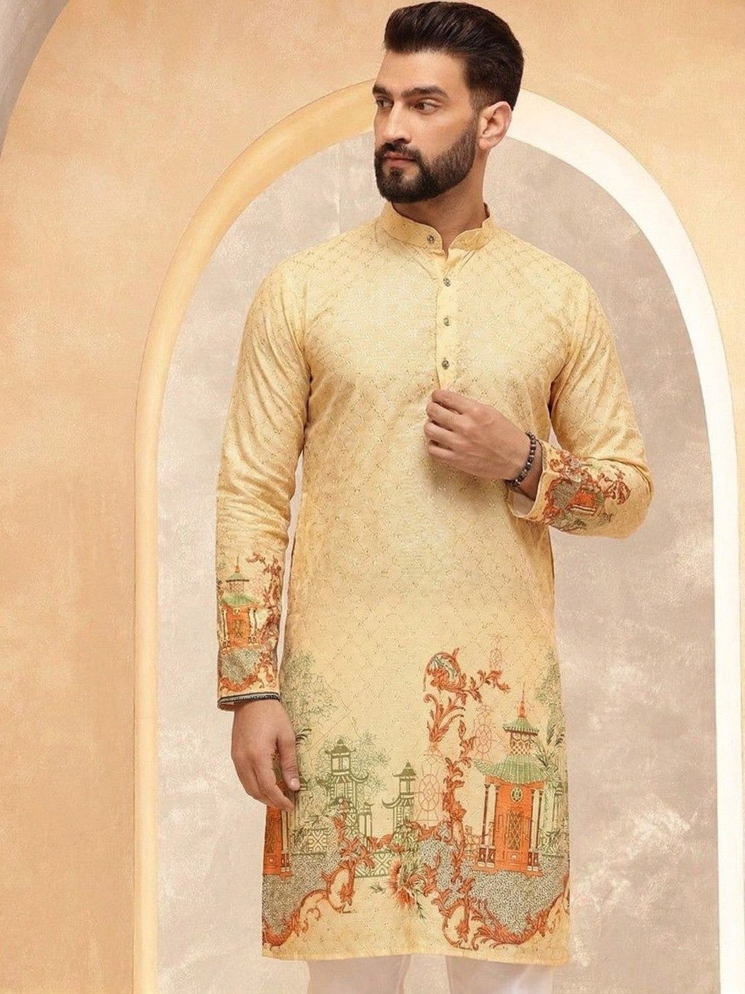 VELKYNOX Men Ethnic Motifs Printed Sequinned Floral Kurta