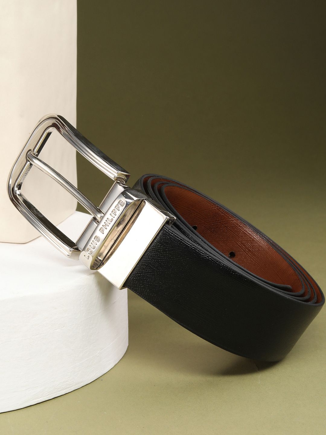 Louis Philippe Men Italian Leather Shiny Nickel Buckle Formal Reversible Belt