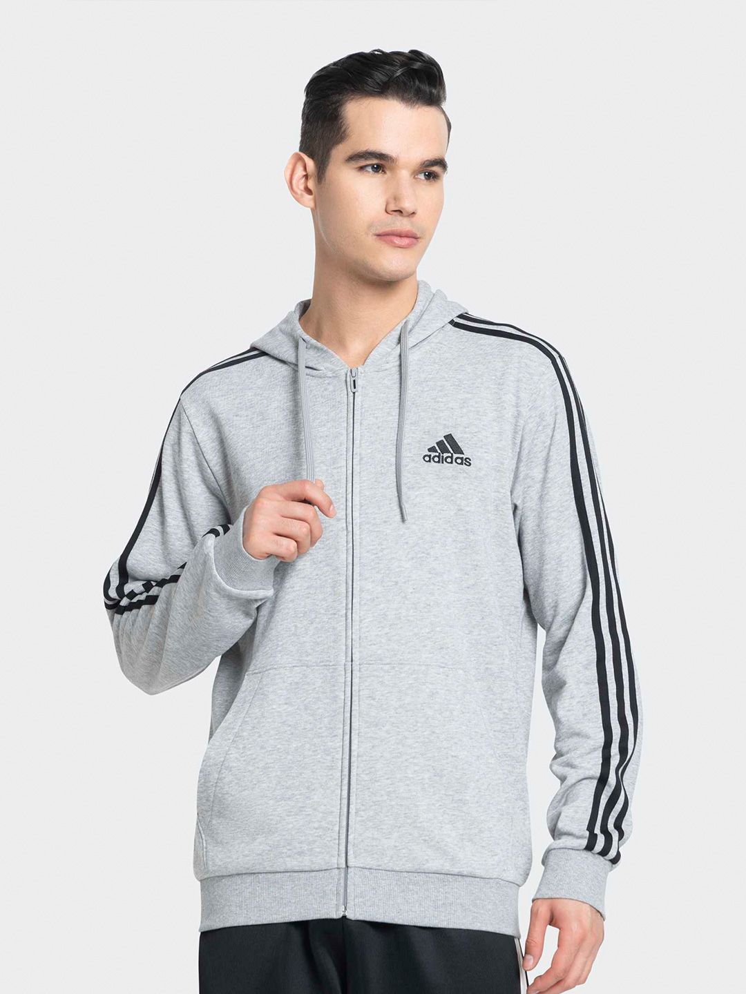 ADIDAS Men Essentials 3-Stripes Full-Zip Cotton Hoodie