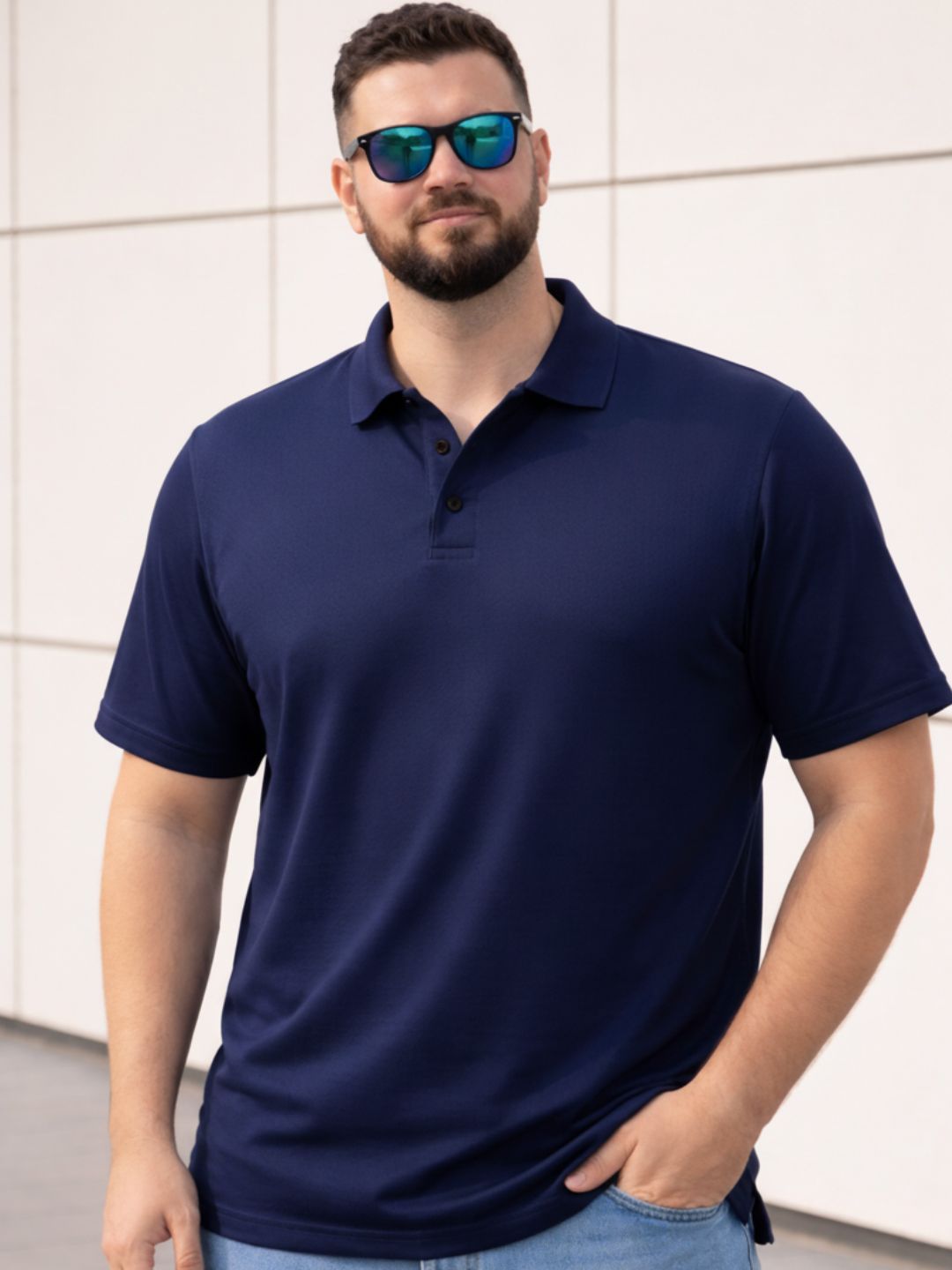 HERE&NOW Men Plus Size Solid Navy Blue Cotton Polo Collar Half Sleeve Regular Fit T-Shirt
