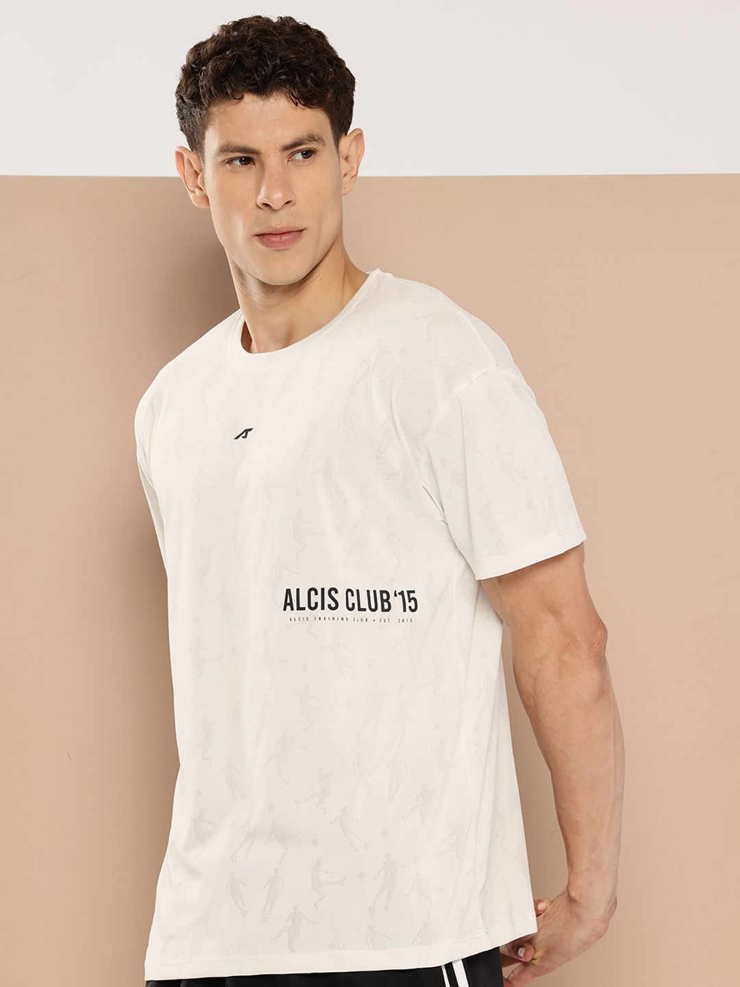 Alcis Brand Logo Printed Drop-Shoulder Sleeves DryTech Relaxed Fit T-shirt