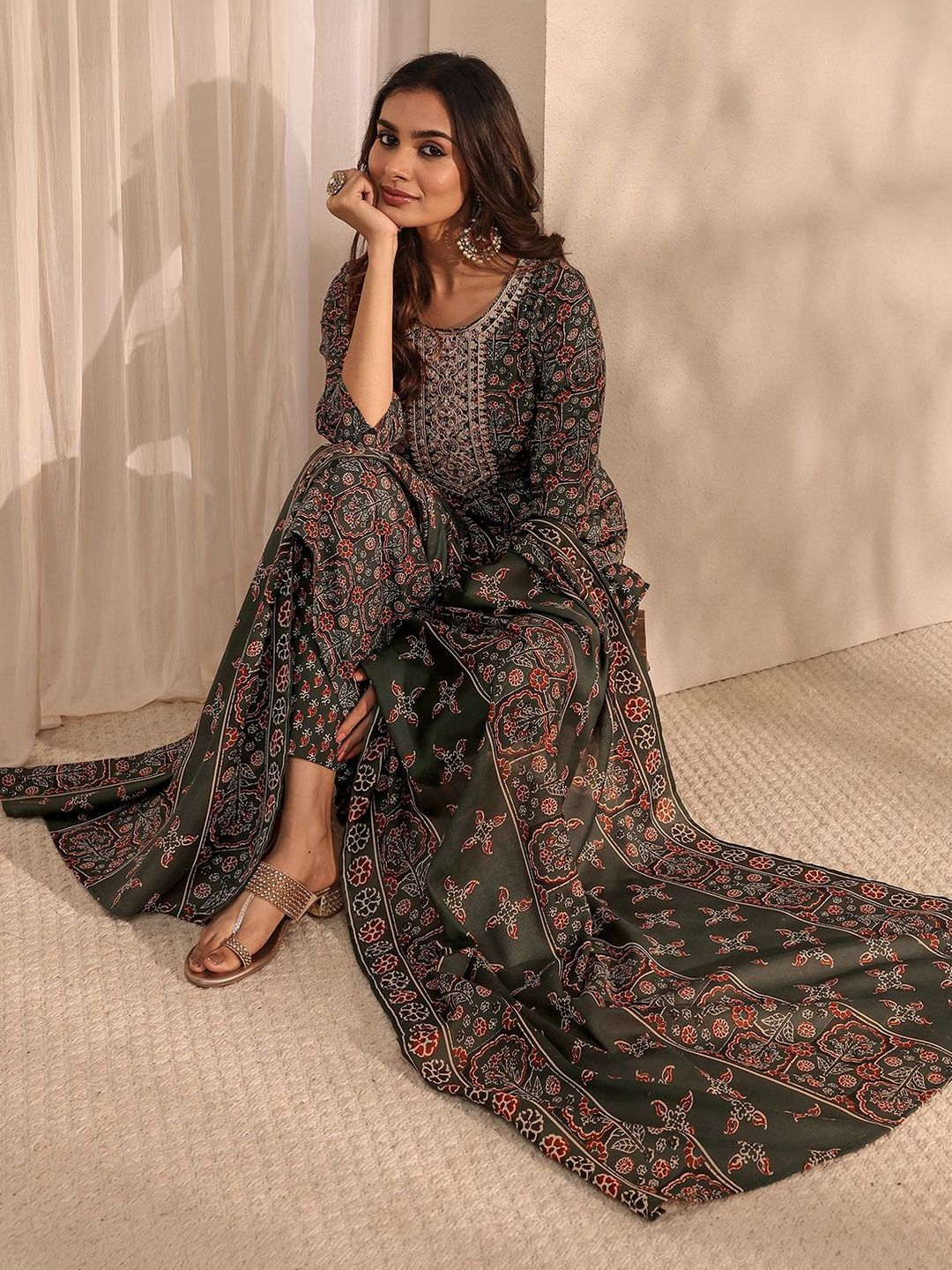 Gerua By Libas Libas Green Ajrak Printed Straight Suit Set with Dupatta
