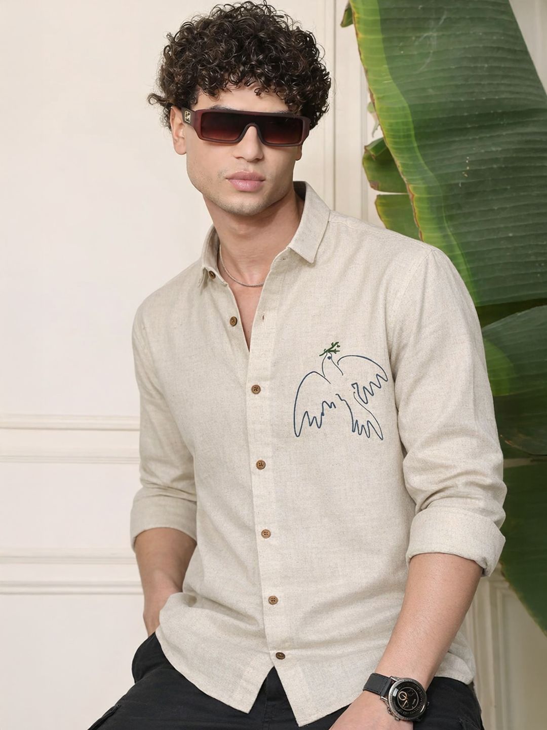 COMBRAIDED COMBRAIDED Men Linen Cotton Blend Casual Chest Graphic Detail Shirts
