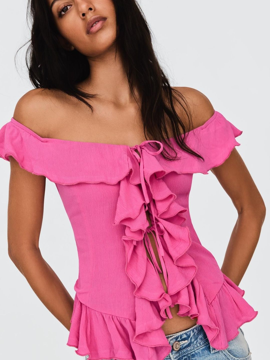 Buy Bershka Bardot Frill Top - Tops for Women 41233866 | Myntra
